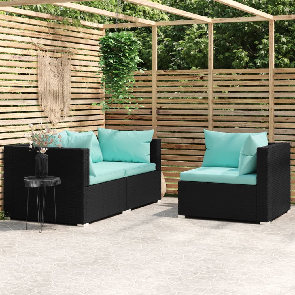 3 Pcs conjunto lounge de jardim c/ almofadões vime PE preto