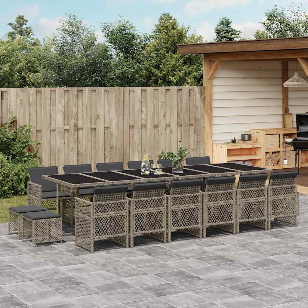 17 Pcs conj. de jantar p/ jardim c/ almofadões vime PE cinzento