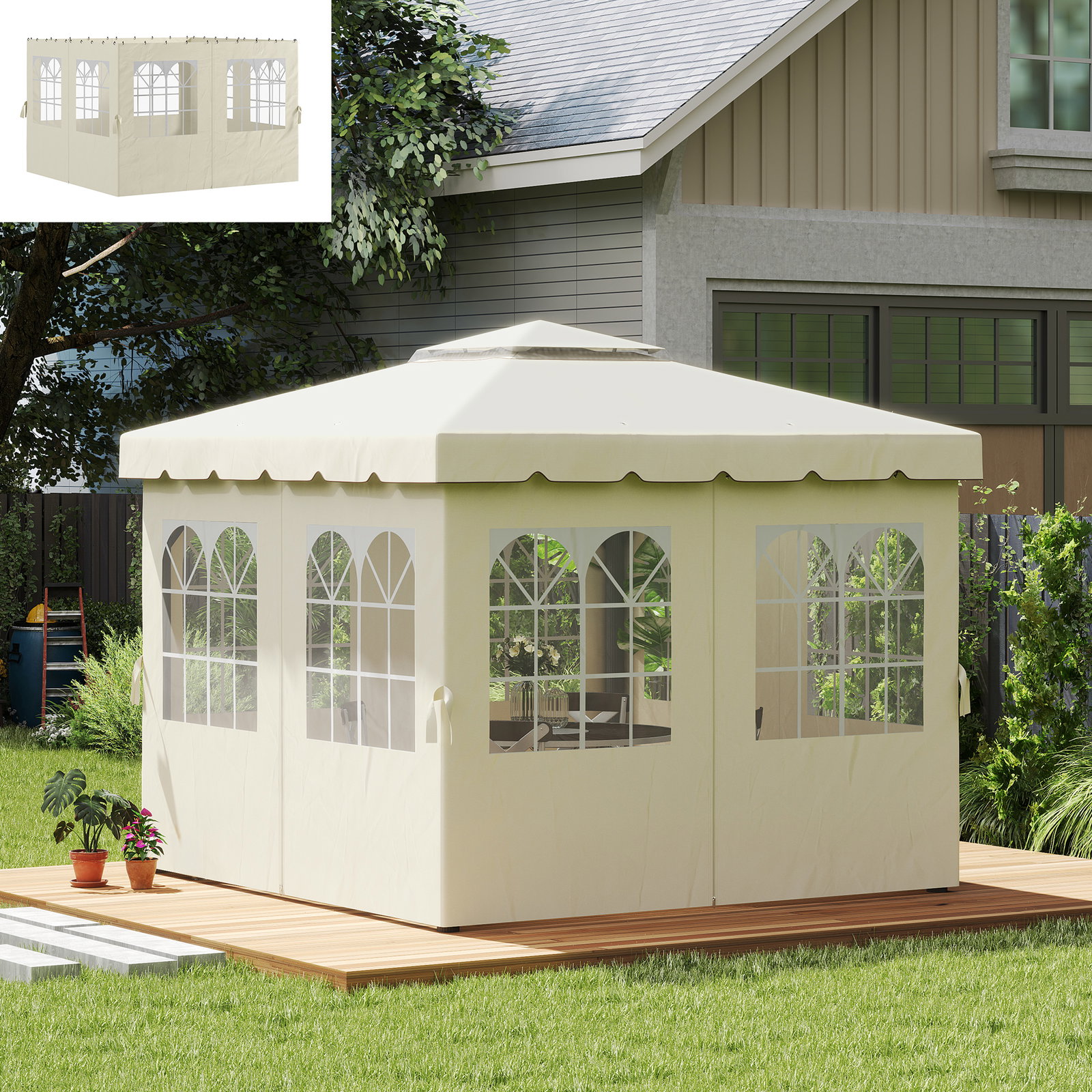4 Paredes laterais para tenda 3x3 m laterais de tenda com ganchos 8 janelas e proteção UV creme