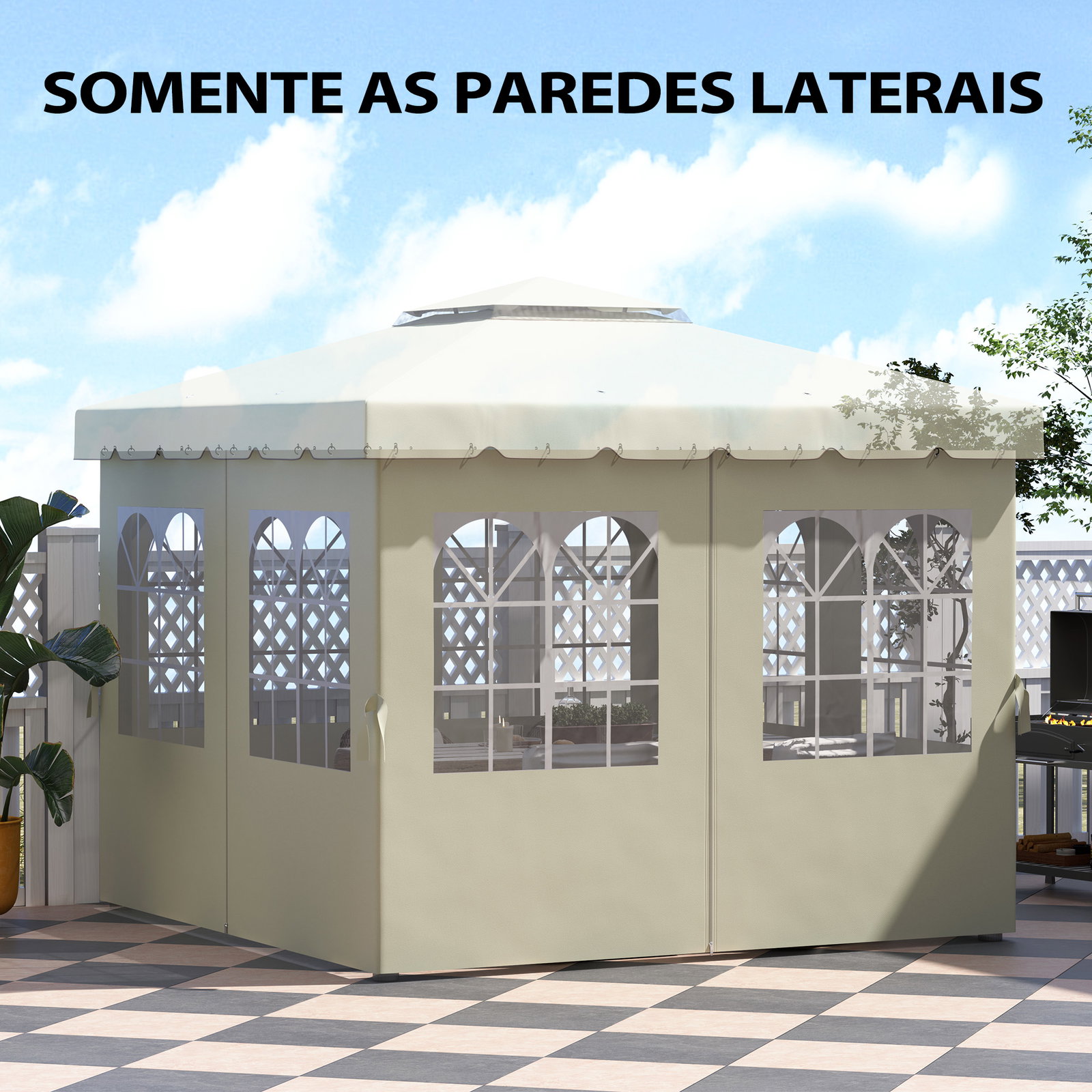 4 Paredes laterais para tenda 3x3 m laterais de tenda com ganchos 8 janelas e proteção UV creme
