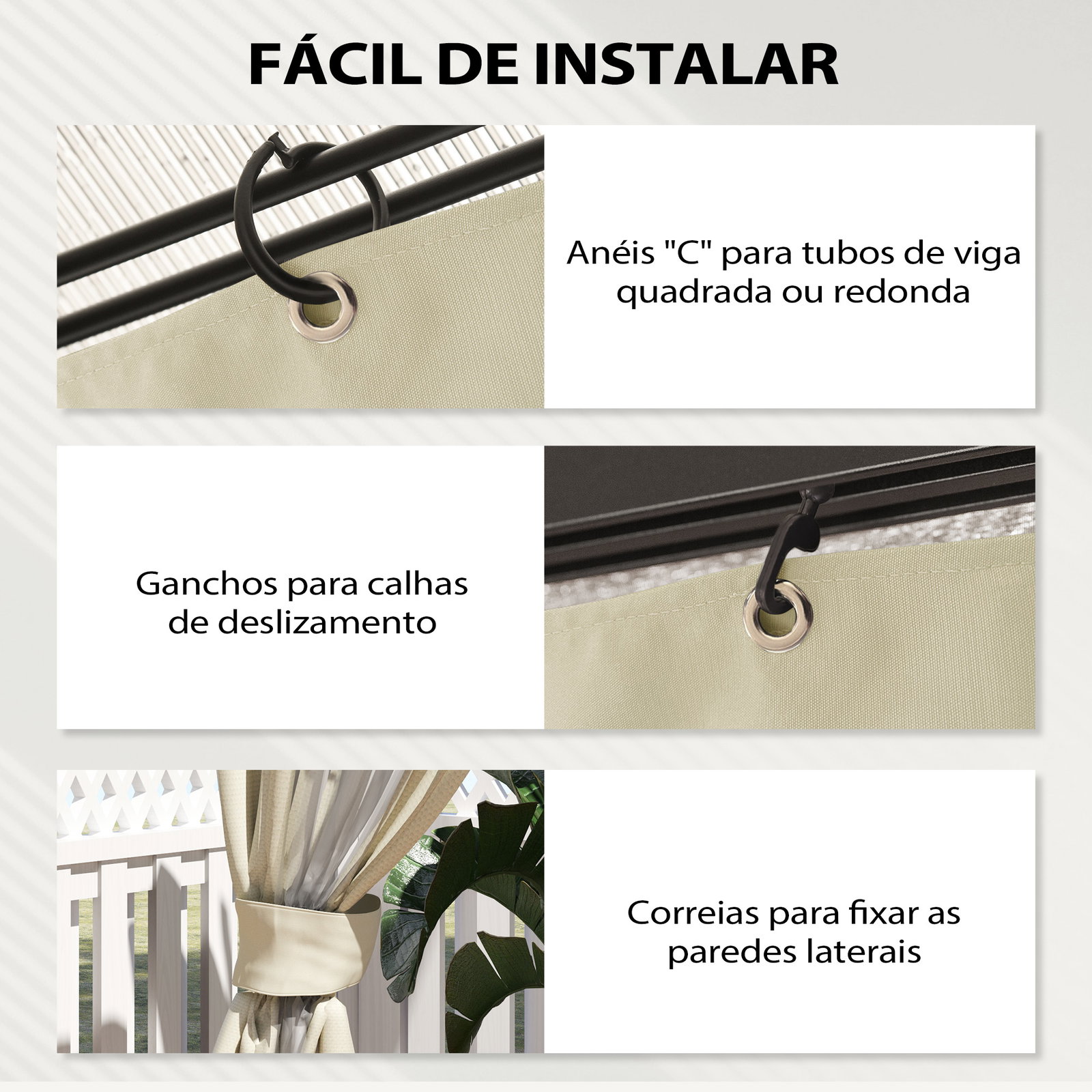 4 Paredes laterais para tenda 3x3 m laterais de tenda com ganchos 8 janelas e proteção UV creme