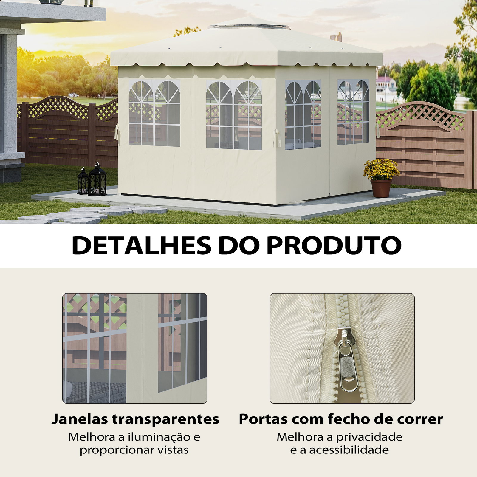 4 Paredes laterais para tenda 3x3 m laterais de tenda com ganchos 8 janelas e proteção UV creme