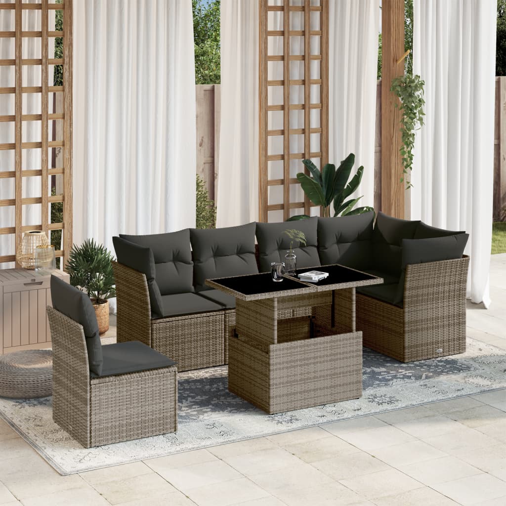7 Pcs conjunto sofás p/ jardim c/ almofadões vime PE cinzento