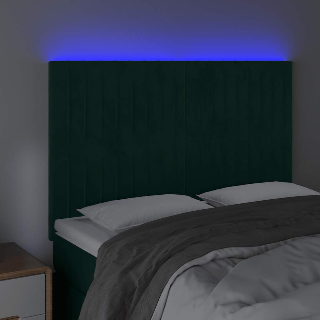 Cabeceira de cama c/ LED veludo 144x5x118/128 cm verde-escuro