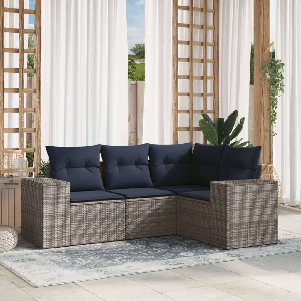 Conjunto de sofá de jardim com 4 peças e almofadas em rattan sintético cinza