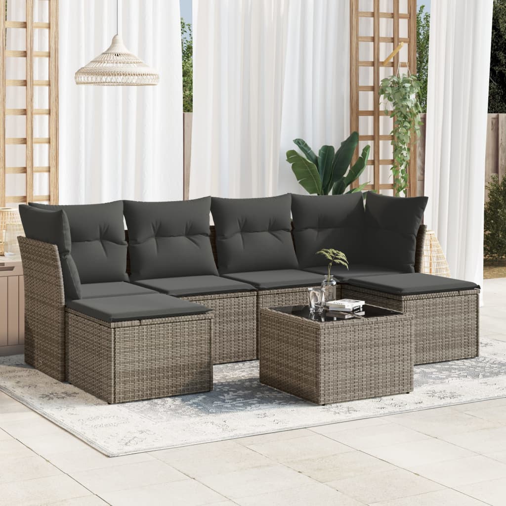 7 Pcs conjunto sofás p/ jardim c/ almofadões vime PE cinzento
