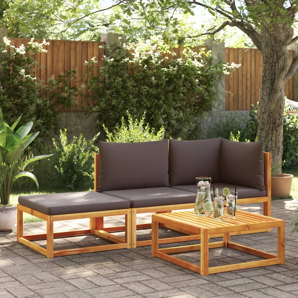 Conjunto de sofás de jardim de 3 peças com almofadas de madeira de acácia e corda