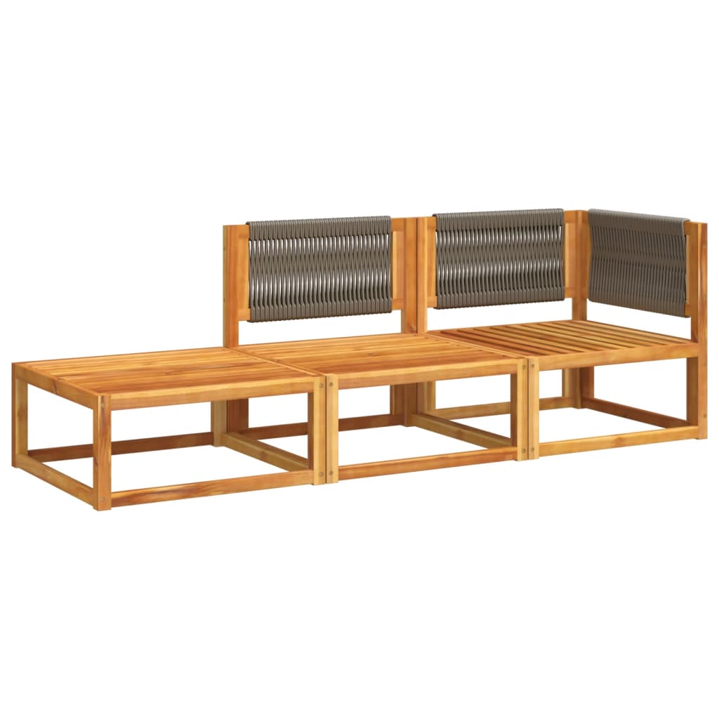 Conjunto de sofás de jardim de 3 peças com almofadas de madeira de acácia e corda