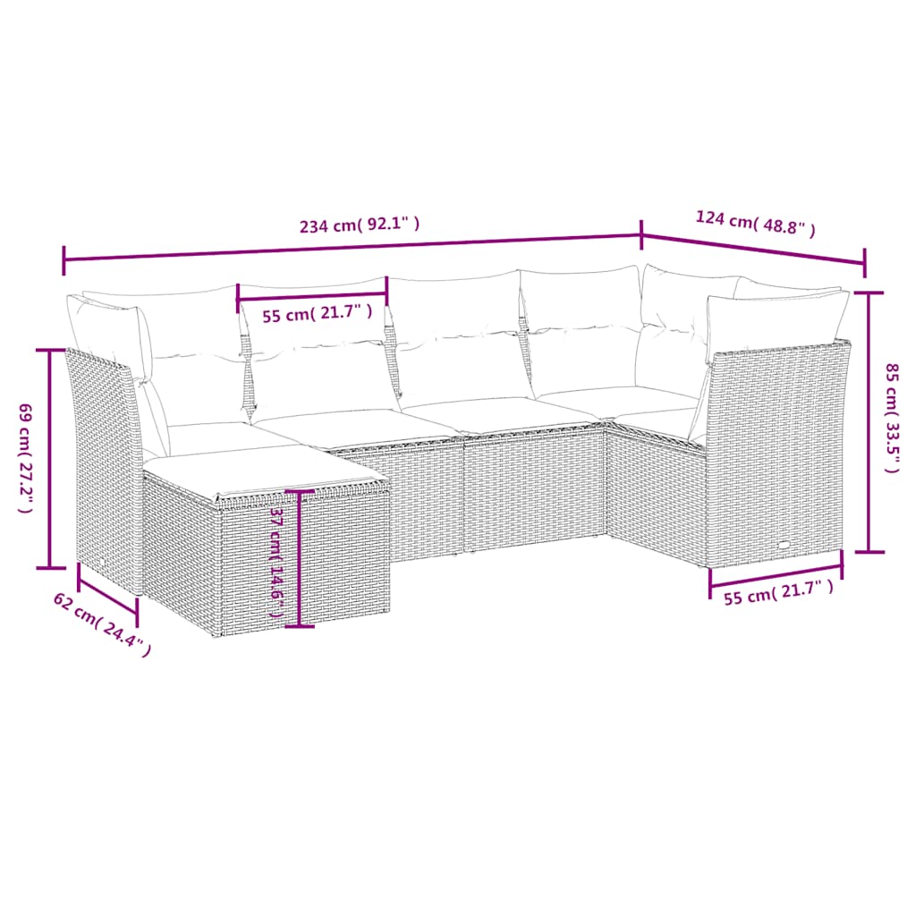 6 Pcs conjunto sofás de jardim c/ almofadões vime PE preto