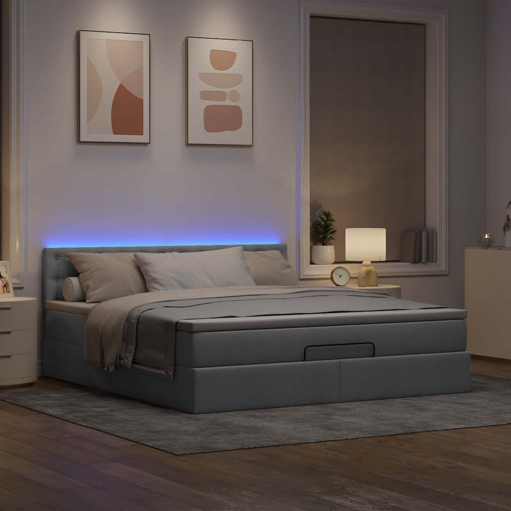 Cama otomana com colchão & leds 180x200cm tecido cinzento claro