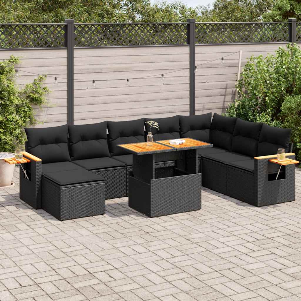 9 Pcs conjunto sofás p/ jardim almofadões vime PE/acácia preto