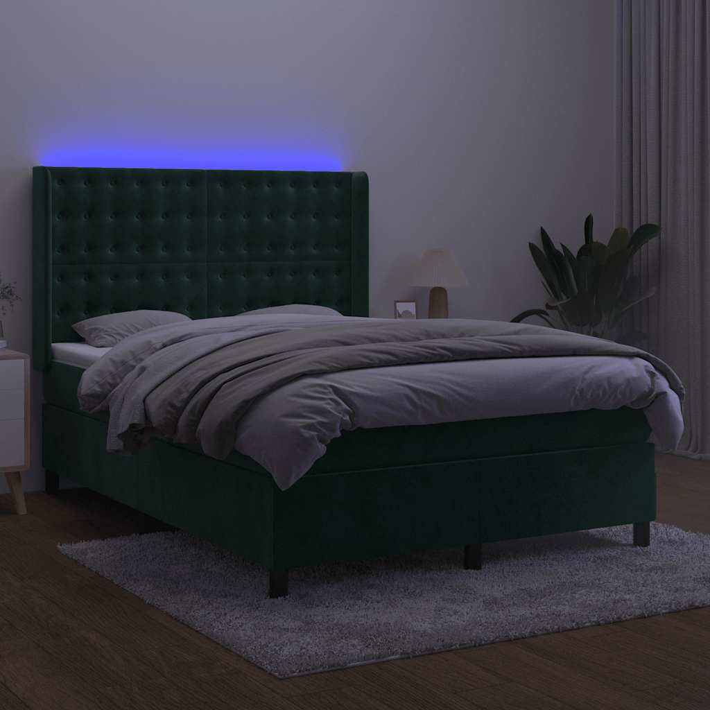Cama box spring c/ colchão/LED 140x190 cm veludo verde-escuro