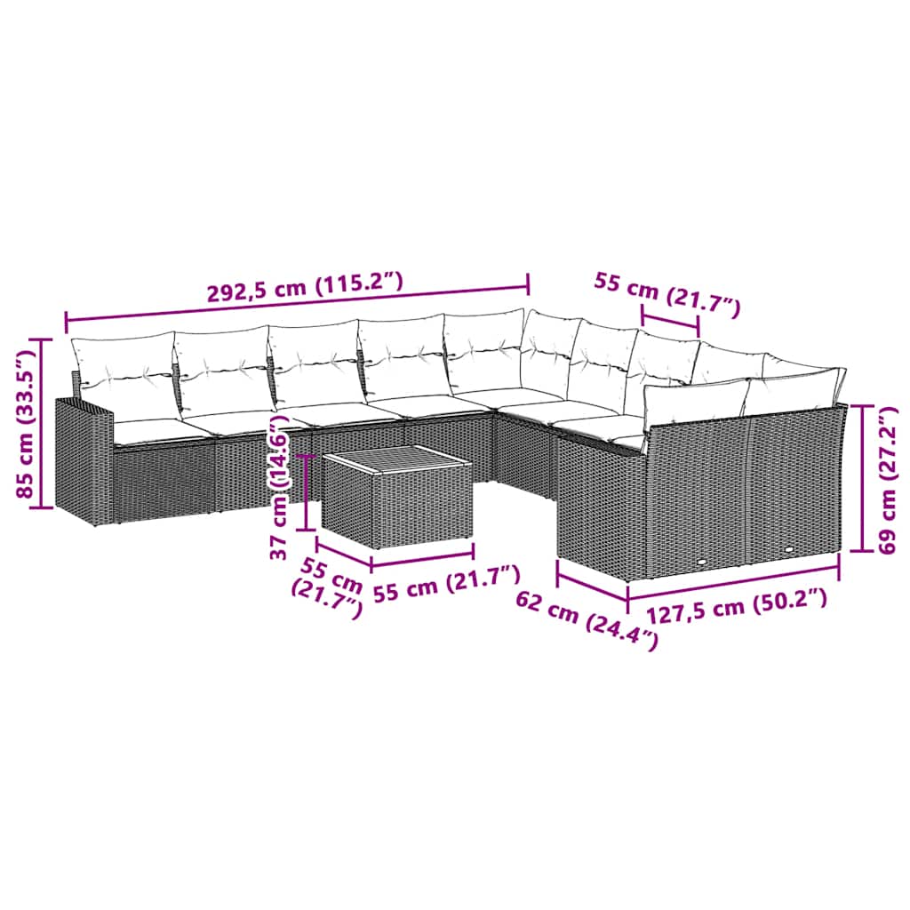 11 Pcs conjunto sofás de jardim c/ almofadões vime PE preto