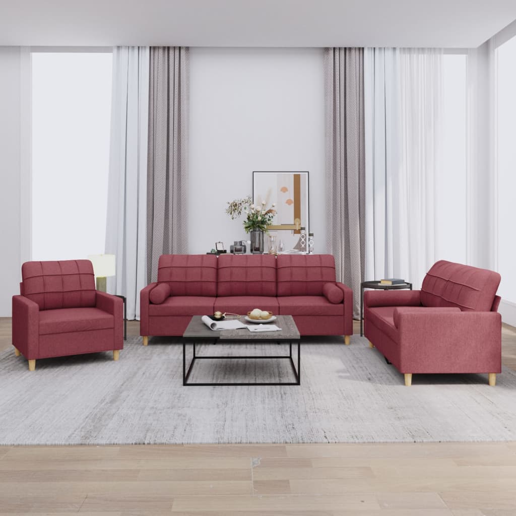 3 Pcs conjunto de sofás com almofadas tecido vermelho-tinto
