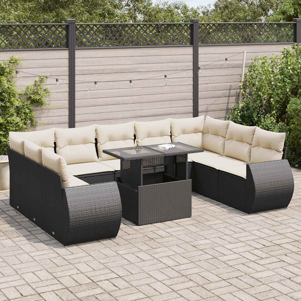 10 Pcs conjunto sofás de jardim c/ almofadões vime PE preto