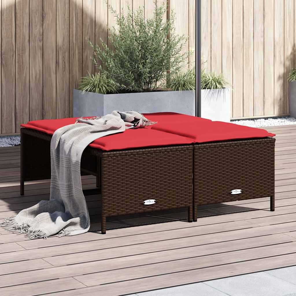 Banquetas de jardim com almofadas, conjunto de 4 peças, em rattan sintético marrom