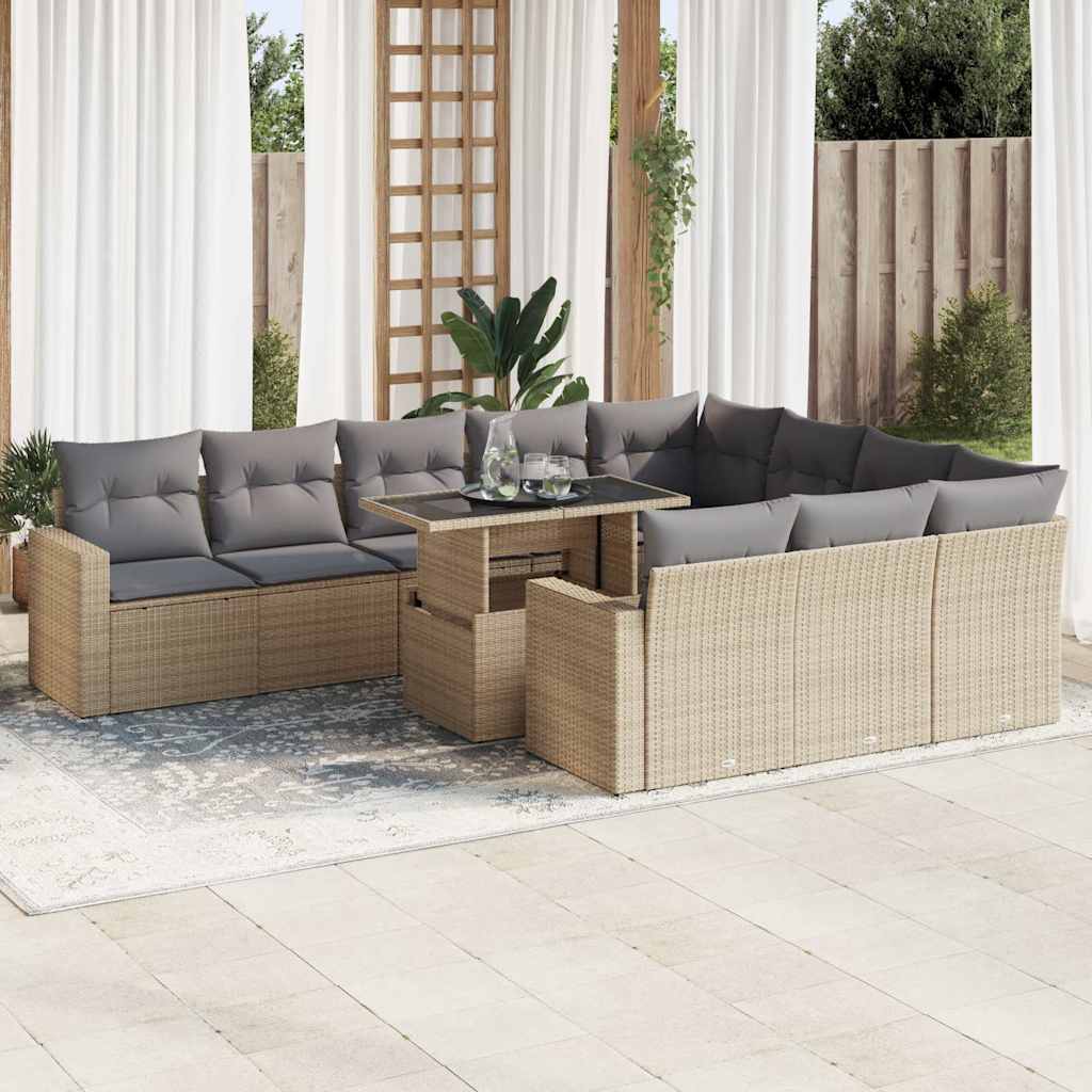 11 Pcs conjunto sofás de jardim c/ almofadões vime PE bege