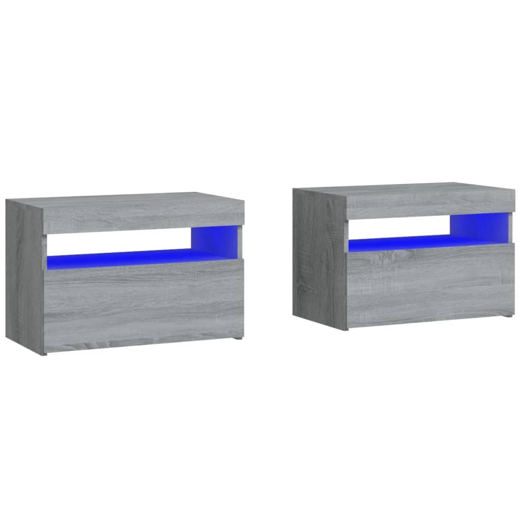 Mesas cabeceira c/ leds 2 pcs 60x35x40 cm cinzento sonoma