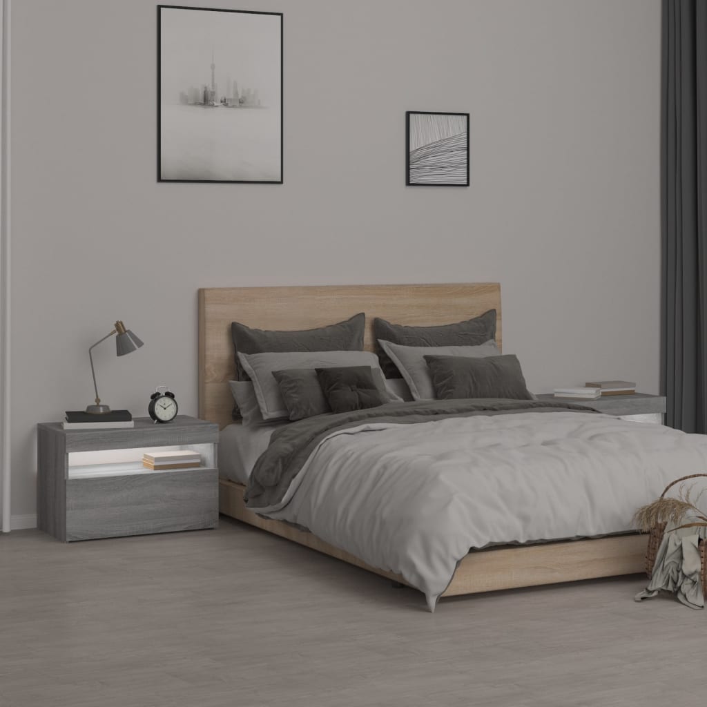 Mesas cabeceira c/ leds 2 pcs 60x35x40 cm cinzento sonoma