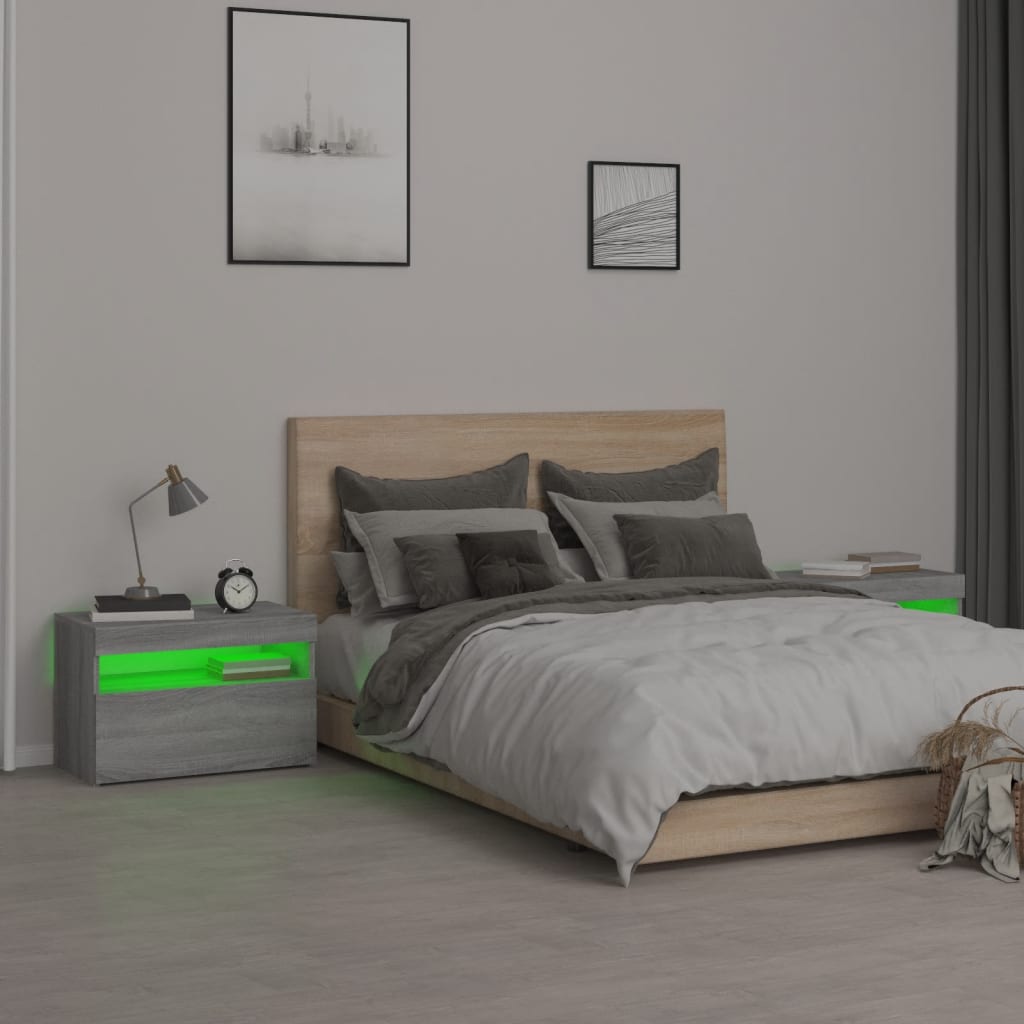 Mesas cabeceira c/ leds 2 pcs 60x35x40 cm cinzento sonoma