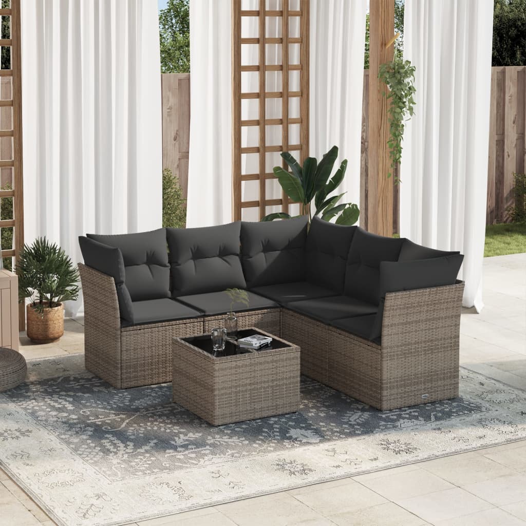 6 Pcs conjunto sofás de jardim com almofadões vime cinzento