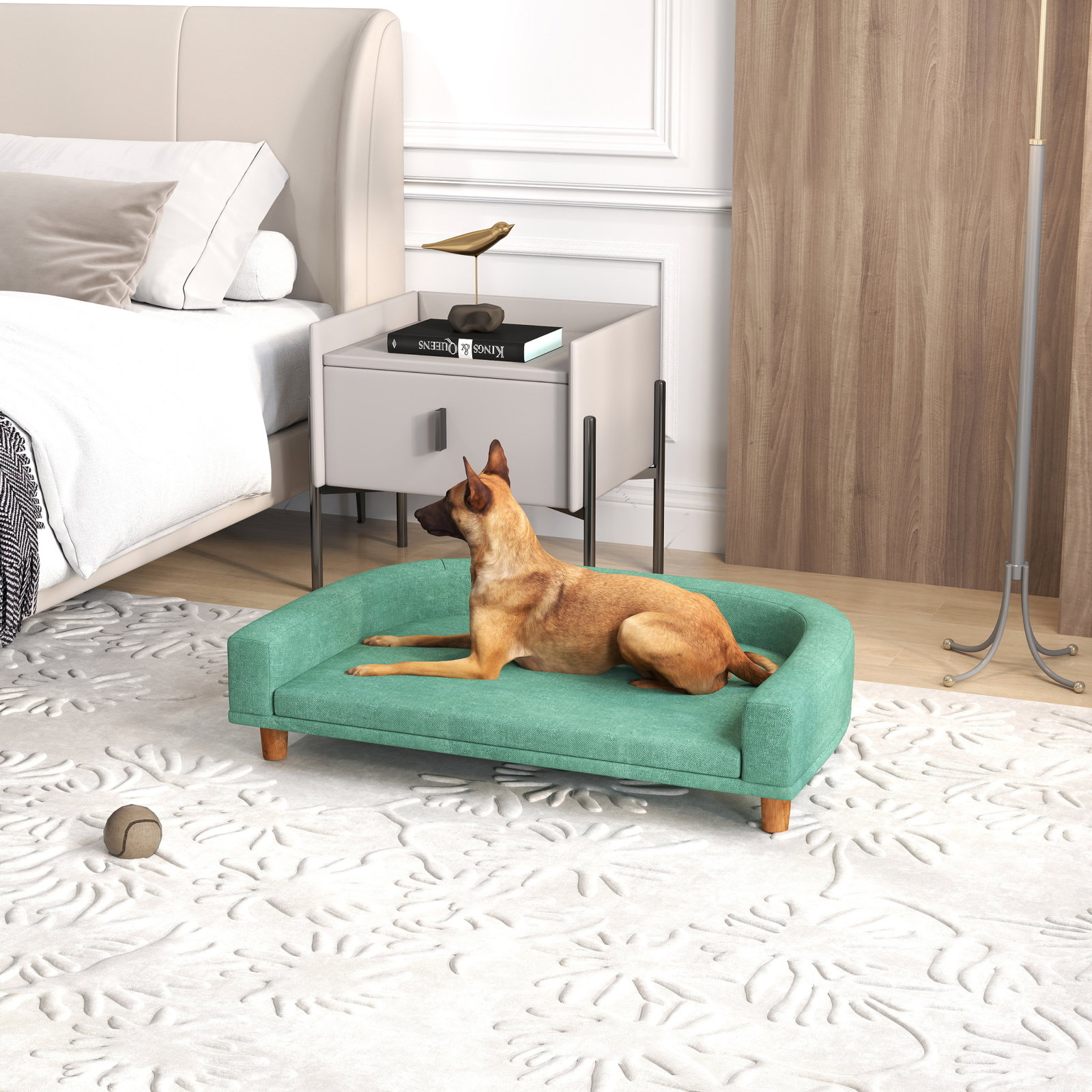 Sofá para cães cama elevada para cães estofada com almofada lavável e pés de madeira de pinho 98x67x25 cm verde