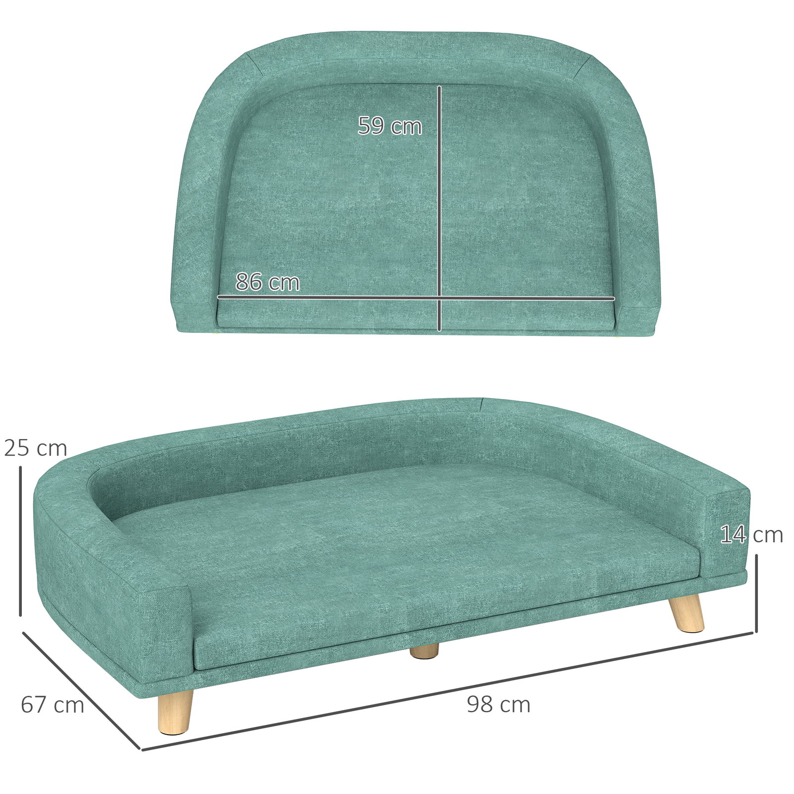 Sofá para cães cama elevada para cães estofada com almofada lavável e pés de madeira de pinho 98x67x25 cm verde