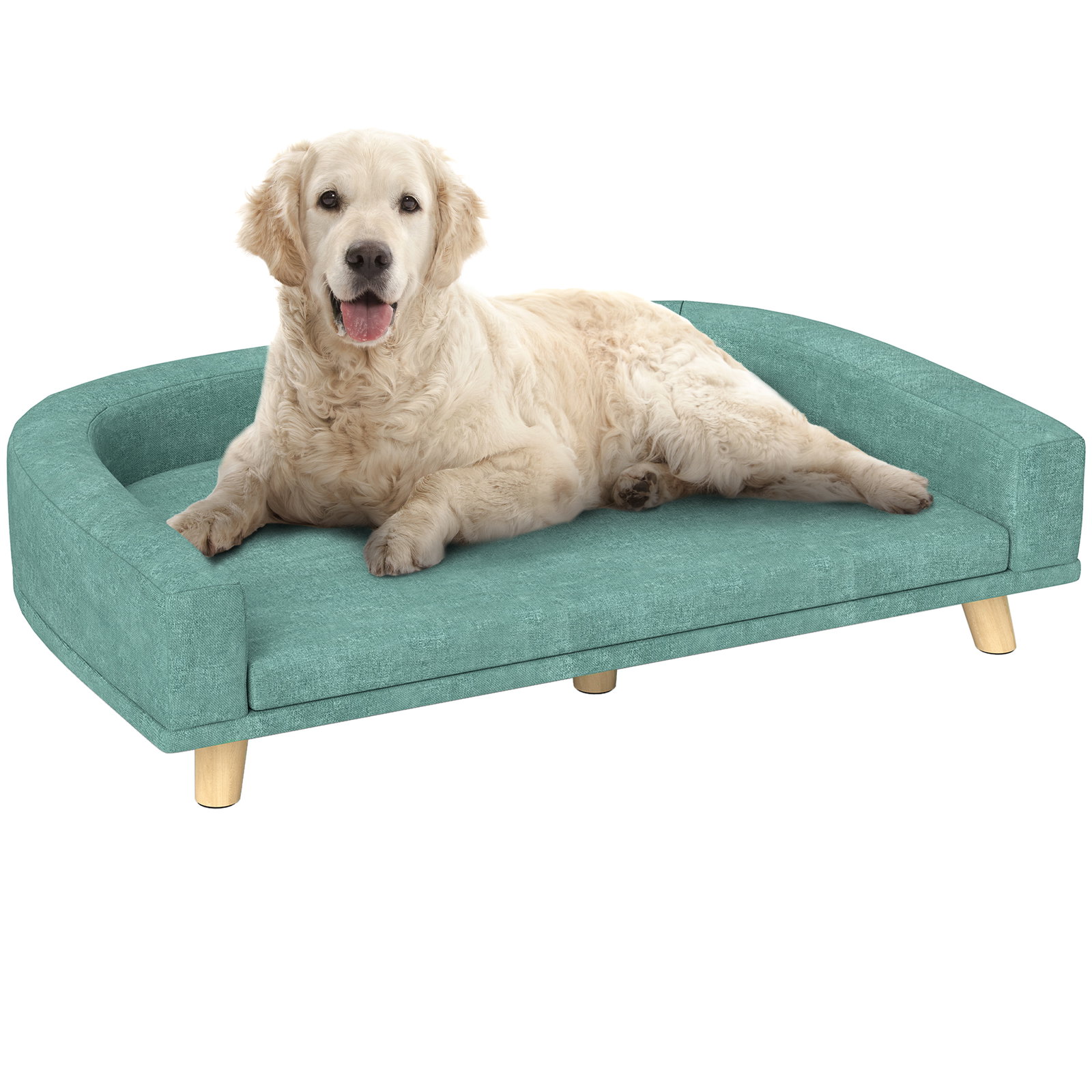 Sofá para cães cama elevada para cães estofada com almofada lavável e pés de madeira de pinho 98x67x25 cm verde