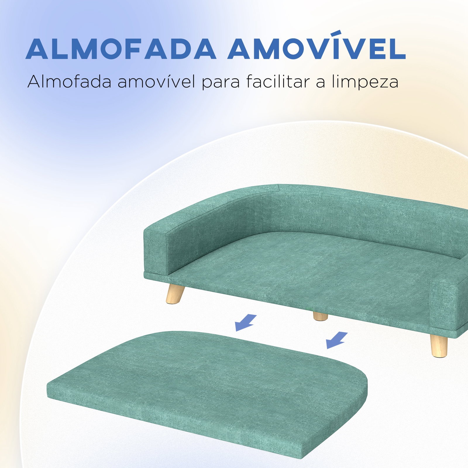 Sofá para cães cama elevada para cães estofada com almofada lavável e pés de madeira de pinho 98x67x25 cm verde