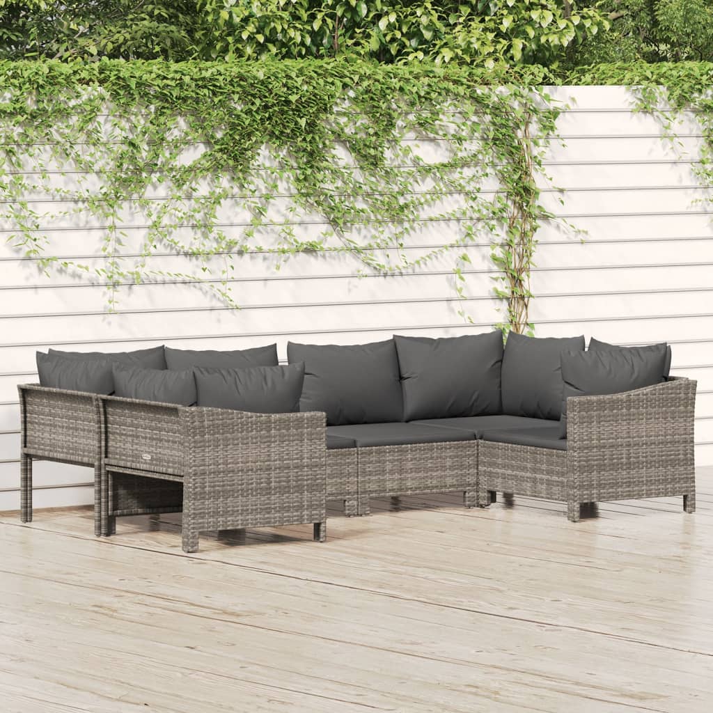 6 Pcs conjunto lounge de jardim c/ almofadões vime PE cinzento