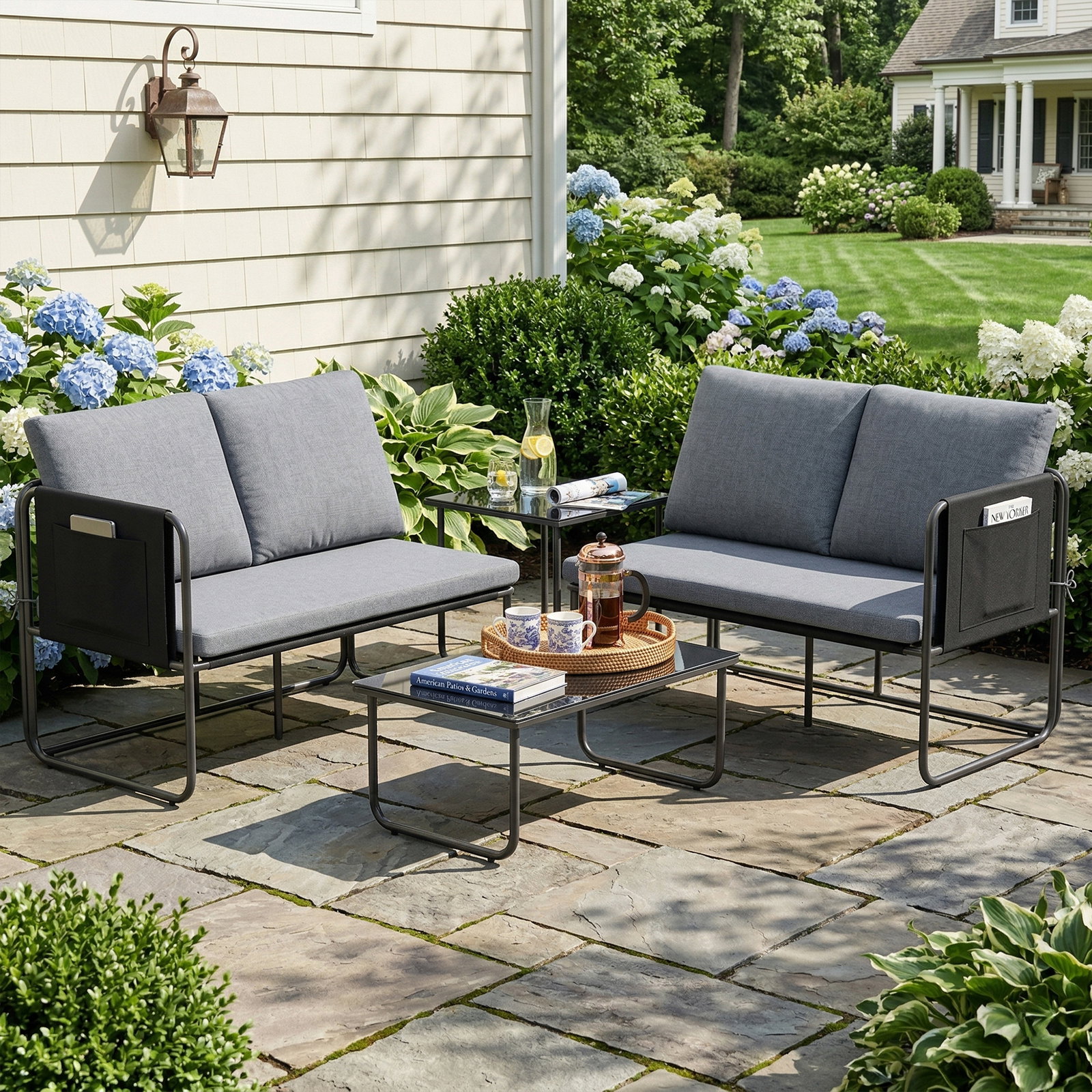 Conjunto de jardim de 4 peças móveis de exterior com 2 sofás de 2 lugares 2 mesas de vidro almofadas capas removíveis cinzento