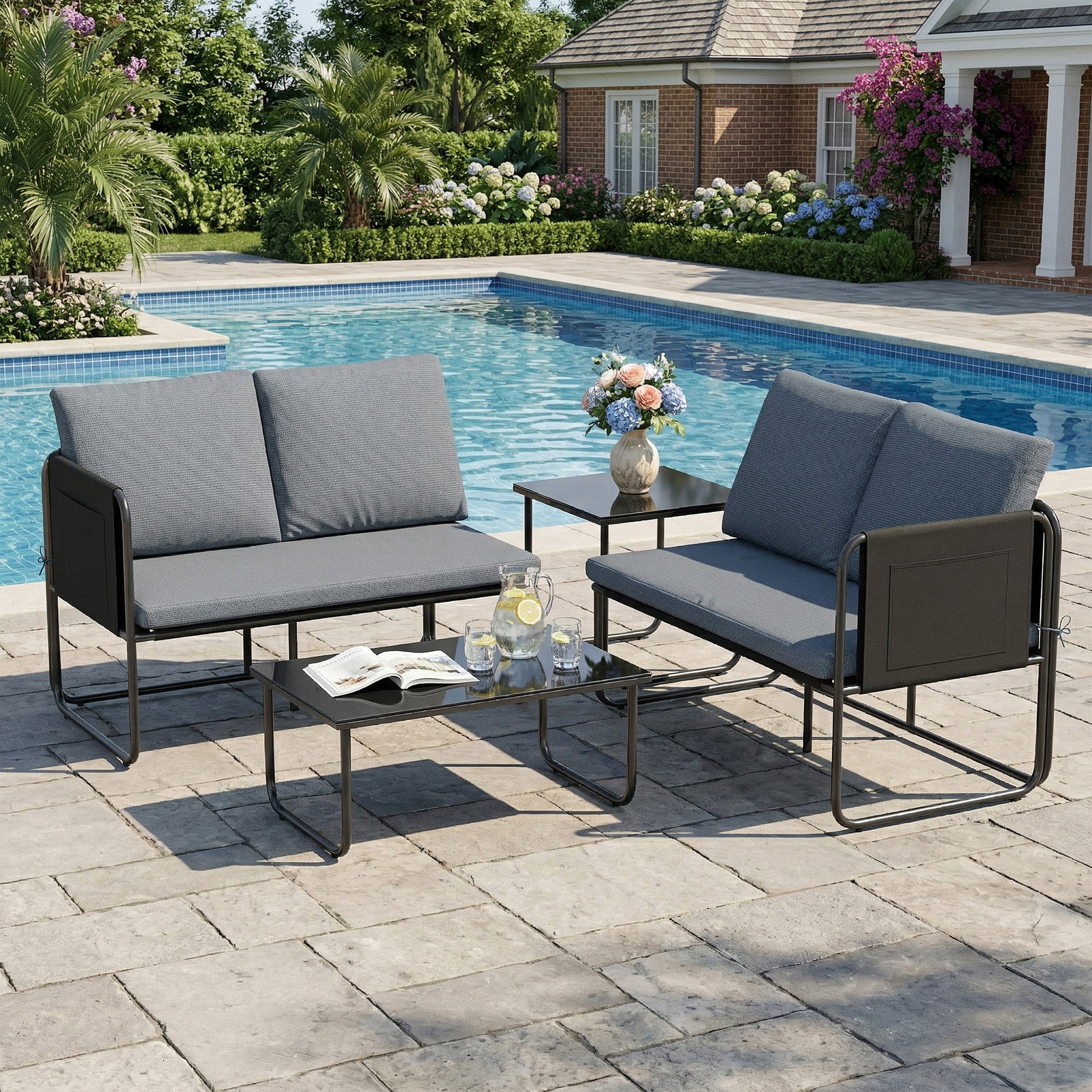 Conjunto de jardim de 4 peças móveis de exterior com 2 sofás de 2 lugares 2 mesas de vidro almofadas capas removíveis cinzento