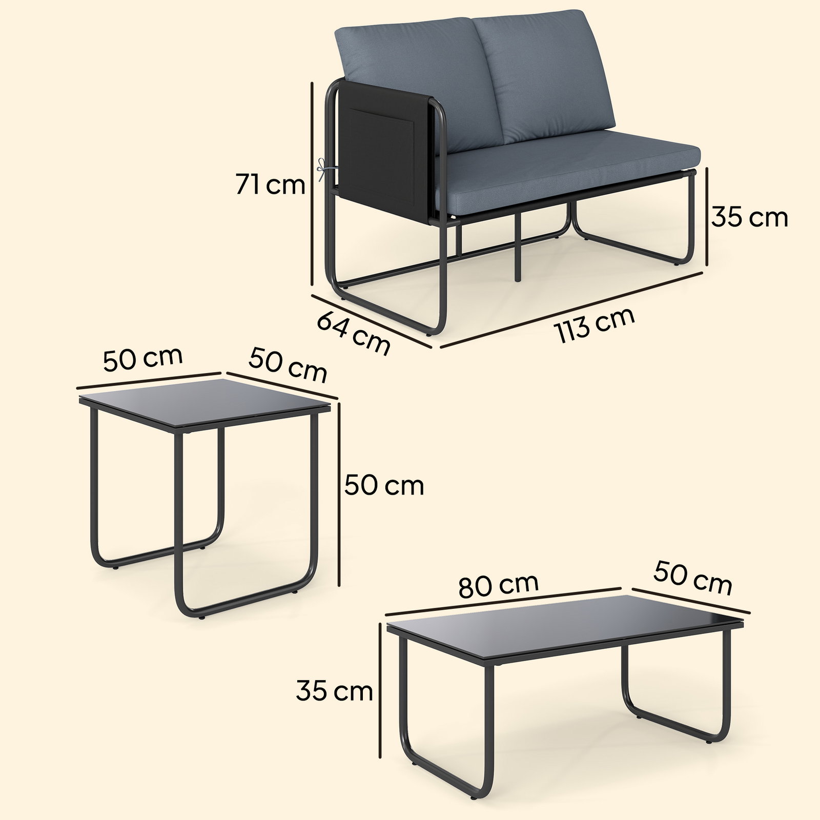 Conjunto de jardim de 4 peças móveis de exterior com 2 sofás de 2 lugares 2 mesas de vidro almofadas capas removíveis cinzento
