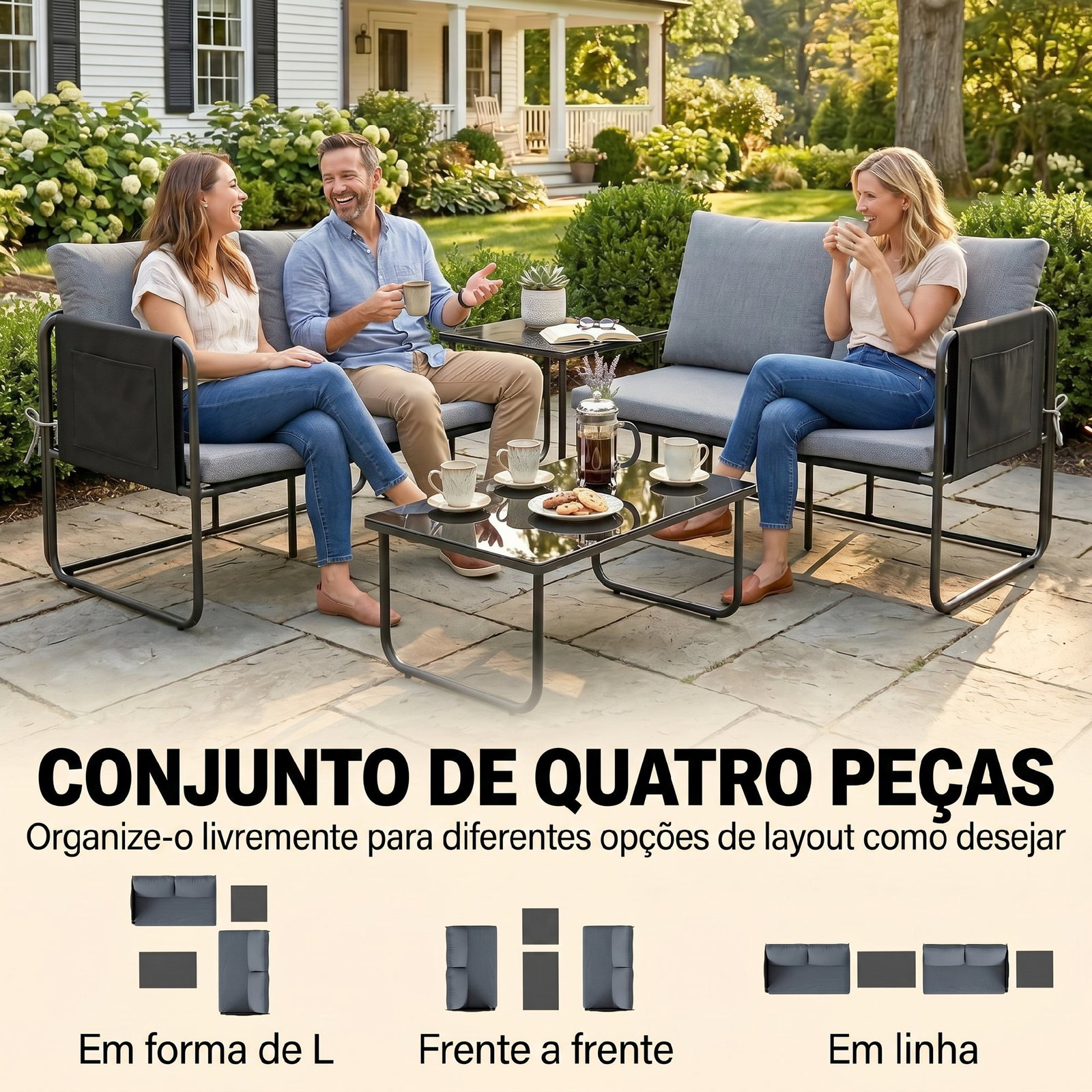 Conjunto de jardim de 4 peças móveis de exterior com 2 sofás de 2 lugares 2 mesas de vidro almofadas capas removíveis cinzento