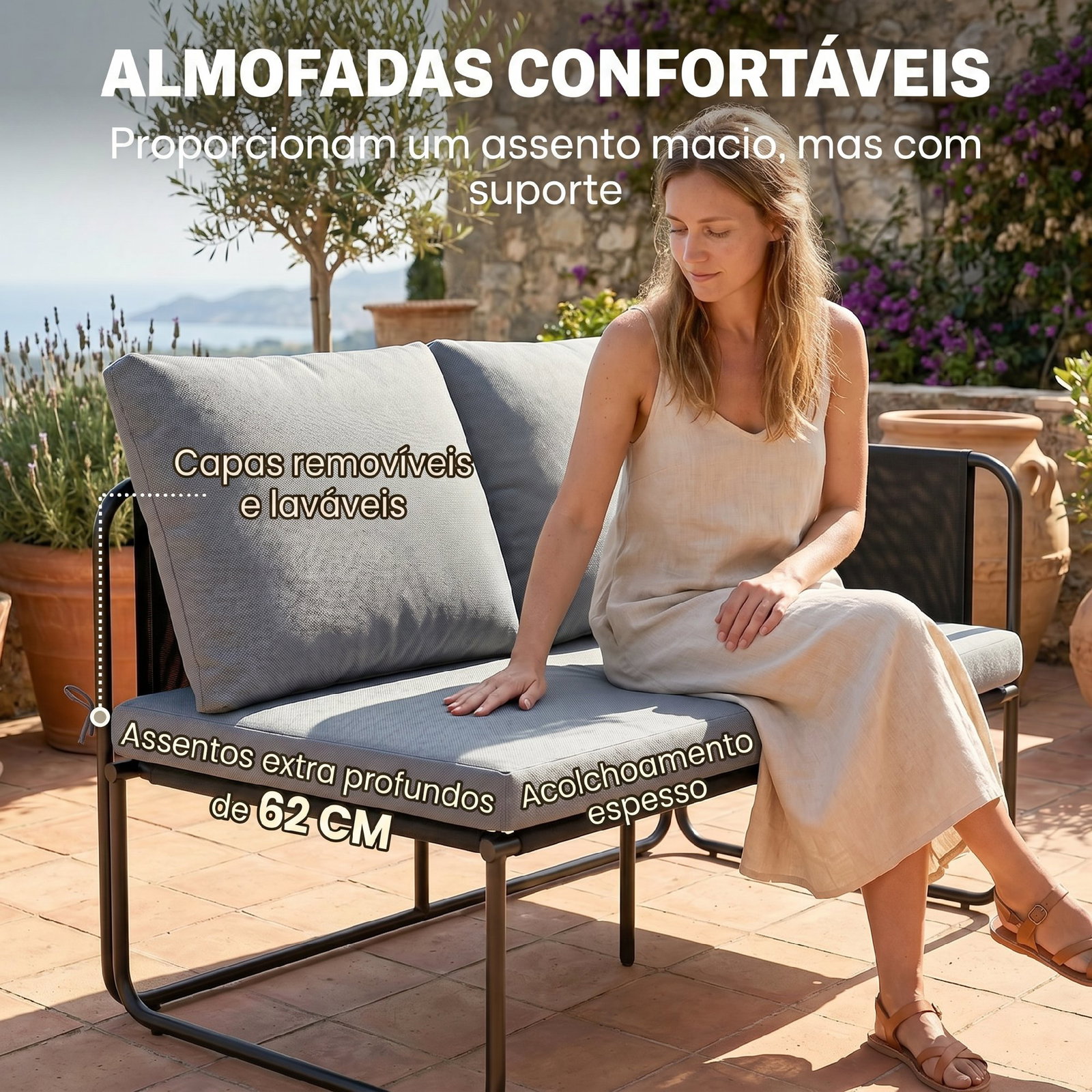 Conjunto de jardim de 4 peças móveis de exterior com 2 sofás de 2 lugares 2 mesas de vidro almofadas capas removíveis cinzento