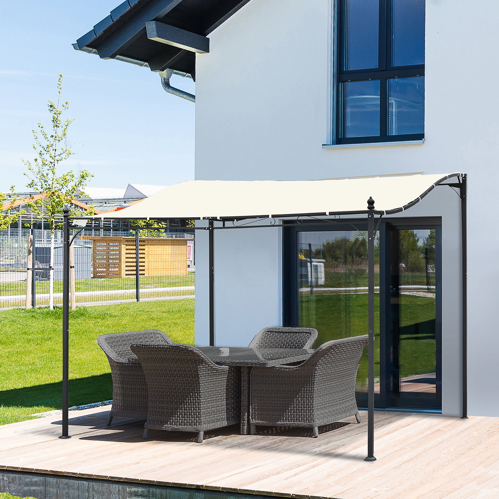 Pérgola de jardim 3x3m pérgola montada na parede com toldo e 16 orifícios de drenagem metal e poliéster creme