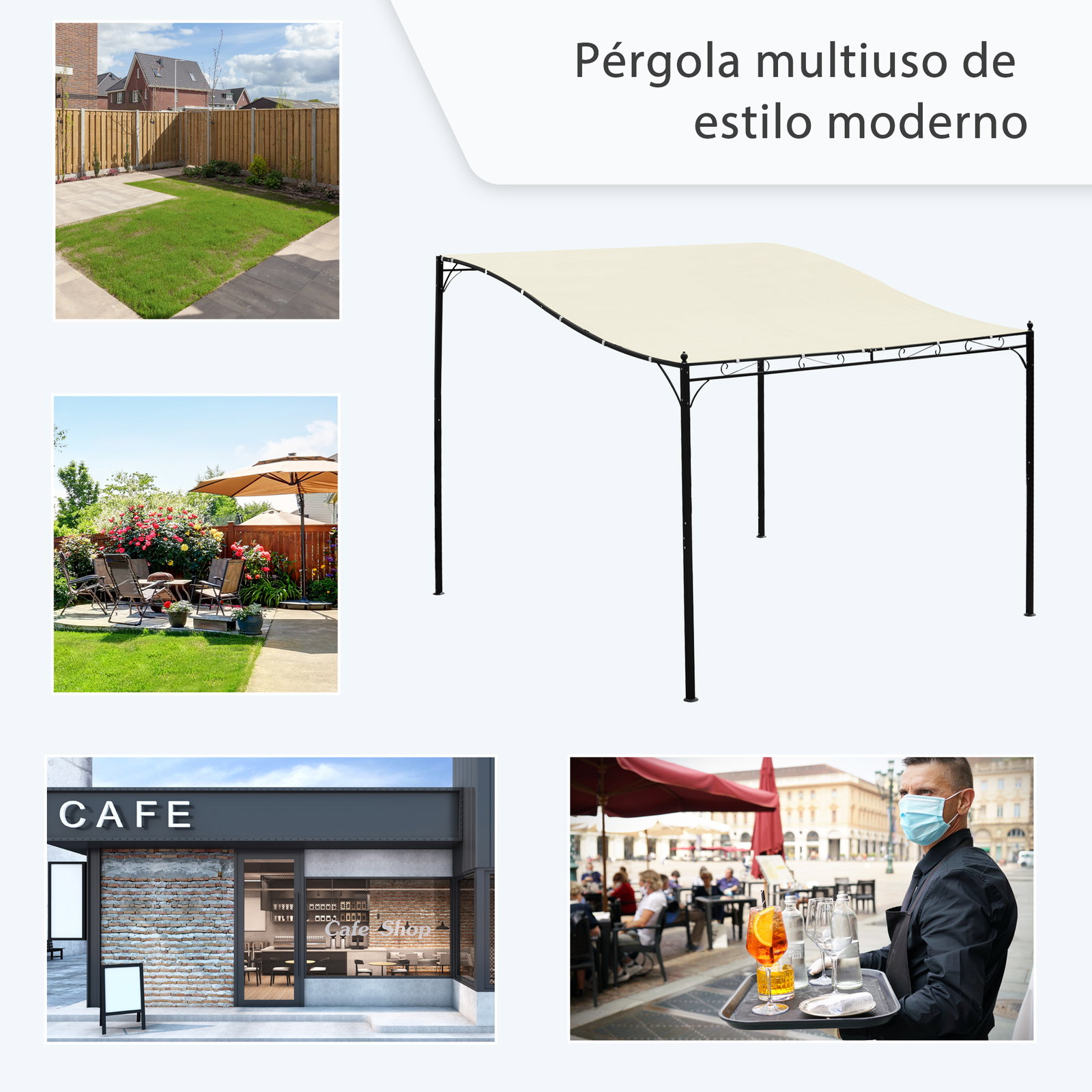 Pérgola de jardim 3x3m pérgola montada na parede com toldo e 16 orifícios de drenagem metal e poliéster creme