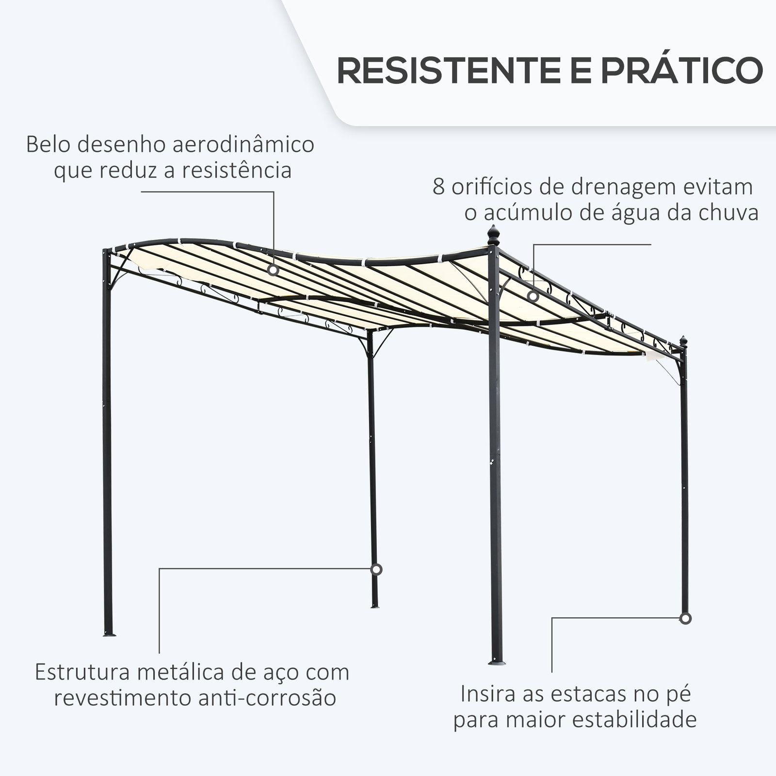 Pérgola de jardim 3x3m pérgola montada na parede com toldo e 16 orifícios de drenagem metal e poliéster creme
