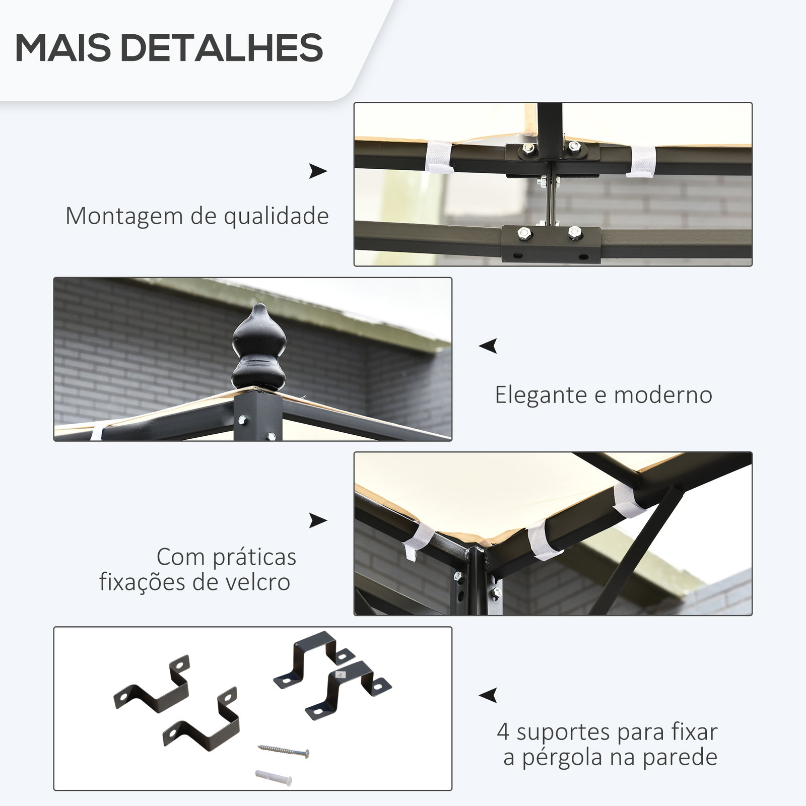Pérgola de jardim 3x3m pérgola montada na parede com toldo e 16 orifícios de drenagem metal e poliéster creme