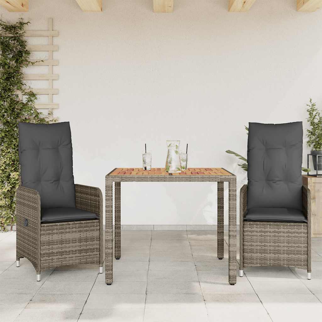 3 Pcs conjunto bistrô de jardim c/ almofadões vime PE cinza