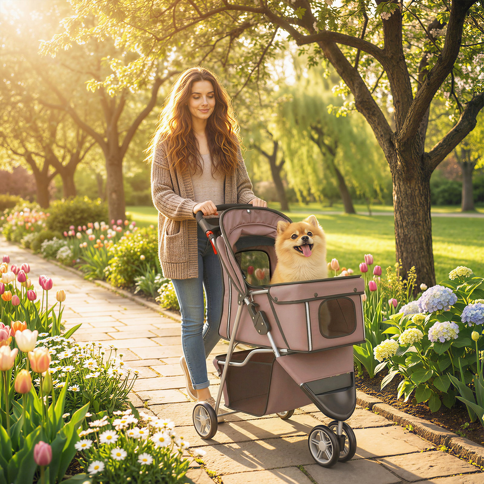 Carrinho para cães pequenos com cesto de armazenamento janelas de malha e cinto de segurança 77x44x102 cm castanho