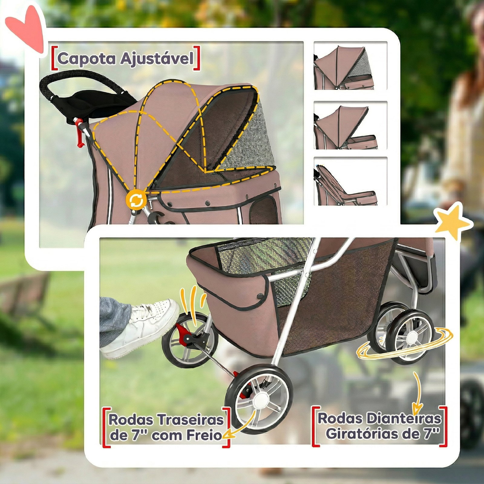 Carrinho para cães pequenos com cesto de armazenamento janelas de malha e cinto de segurança 77x44x102 cm castanho
