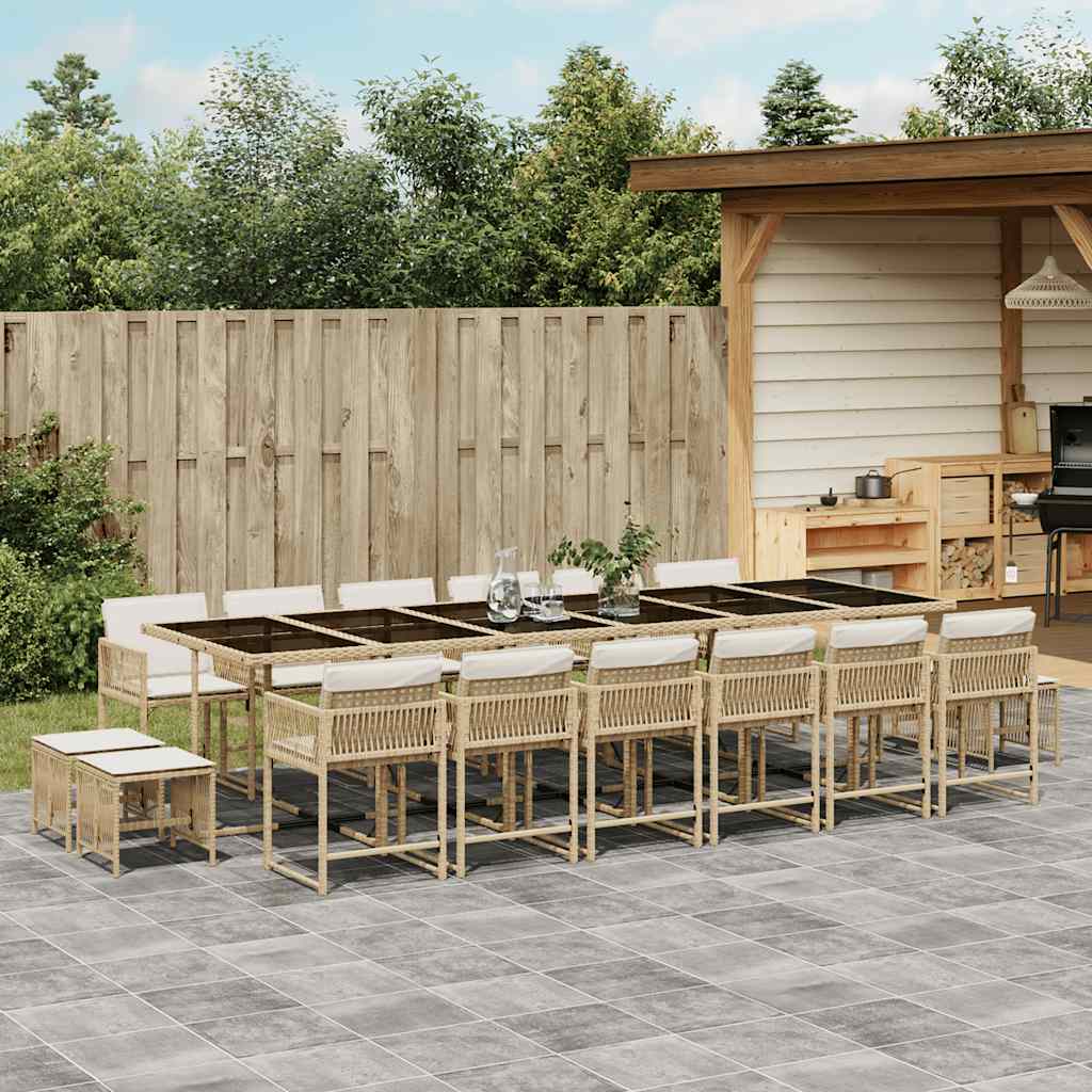 17 Pcs conjunto de jantar p/ jardim c/ almofadões vime PE bege