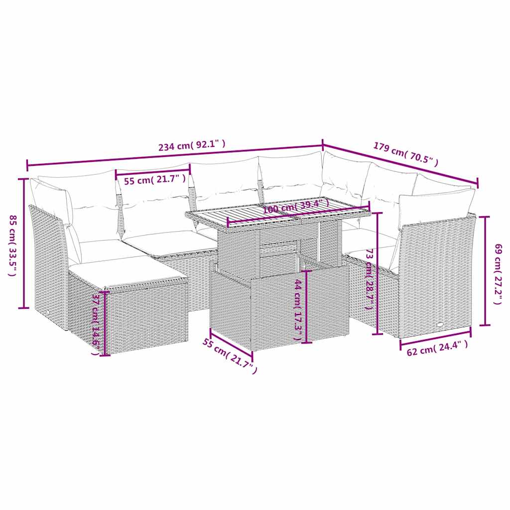 8 Pcs conjunto sofás de jardim com almofadões vime PE preto