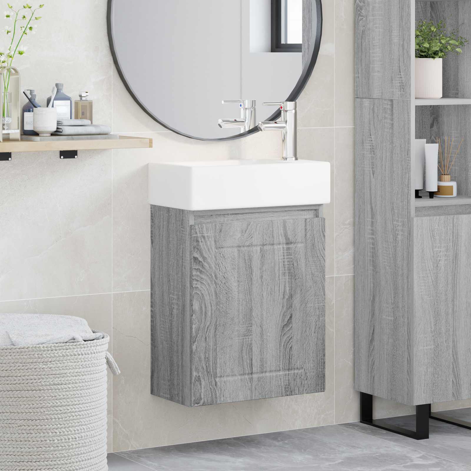 Conjunto de móveis de banheiro com torneira sonoma cinzento