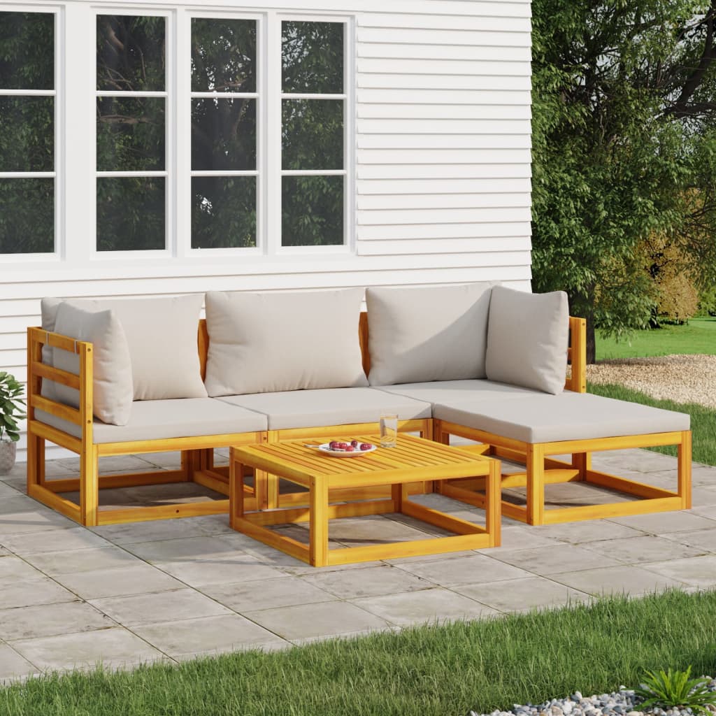 5 Pcs conj. lounge de jardim madeira c/ almofadões cinza-claro