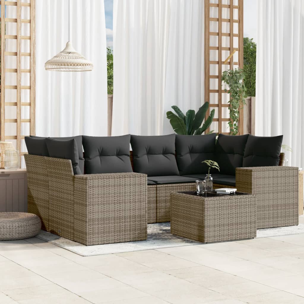 7 Pcs conjunto sofás p/ jardim c/ almofadões vime PE cinzento