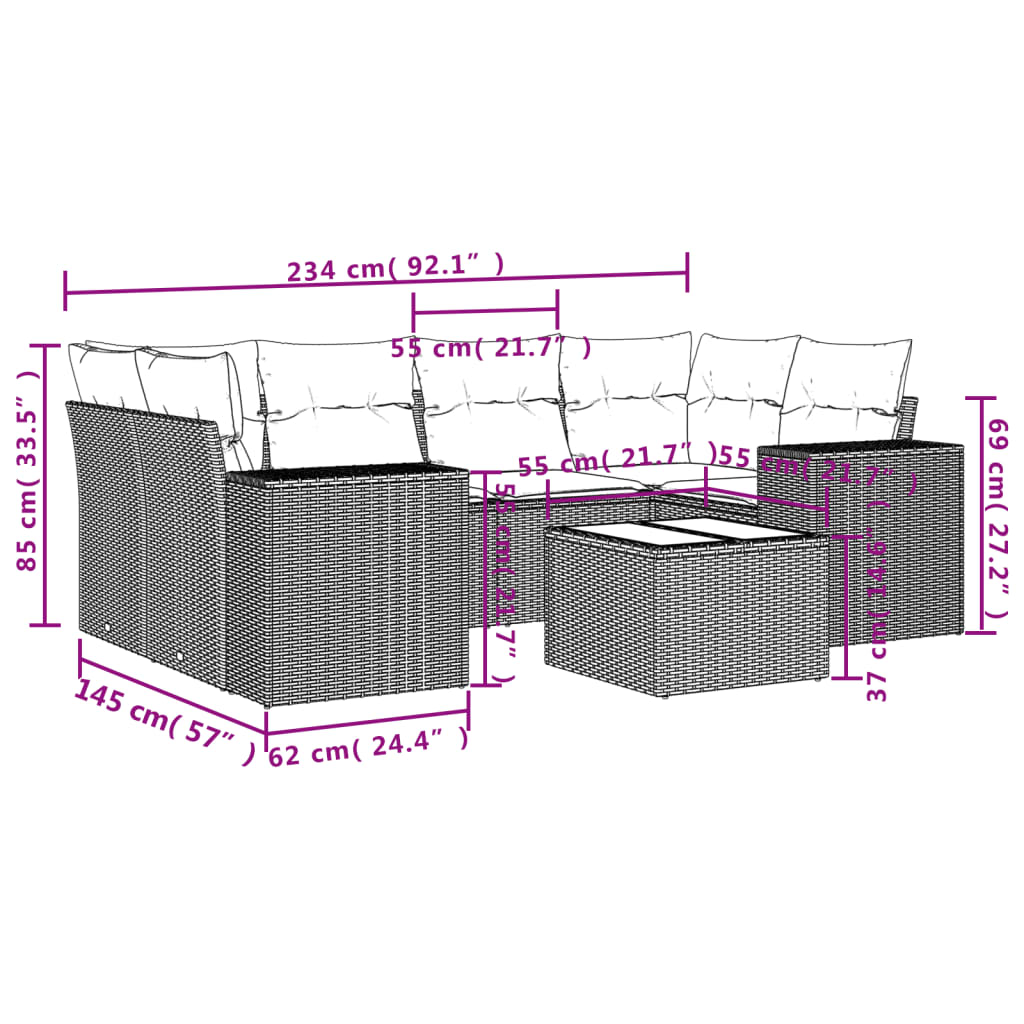 7 Pcs conjunto sofás p/ jardim c/ almofadões vime PE cinzento
