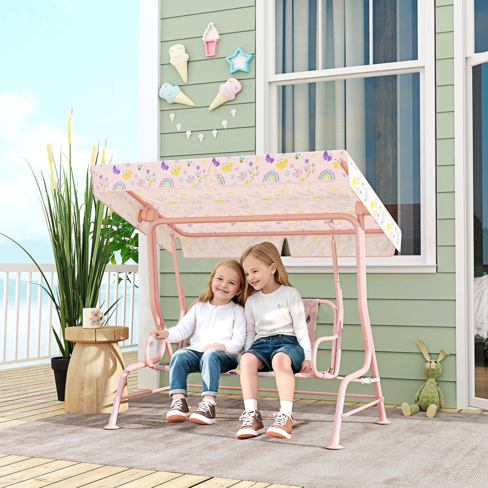 Baloiço de jardim para crianças com 2 lugares toldo ajustável cinto de segurança e desenho de borboletas 112x75x120 cm rosa