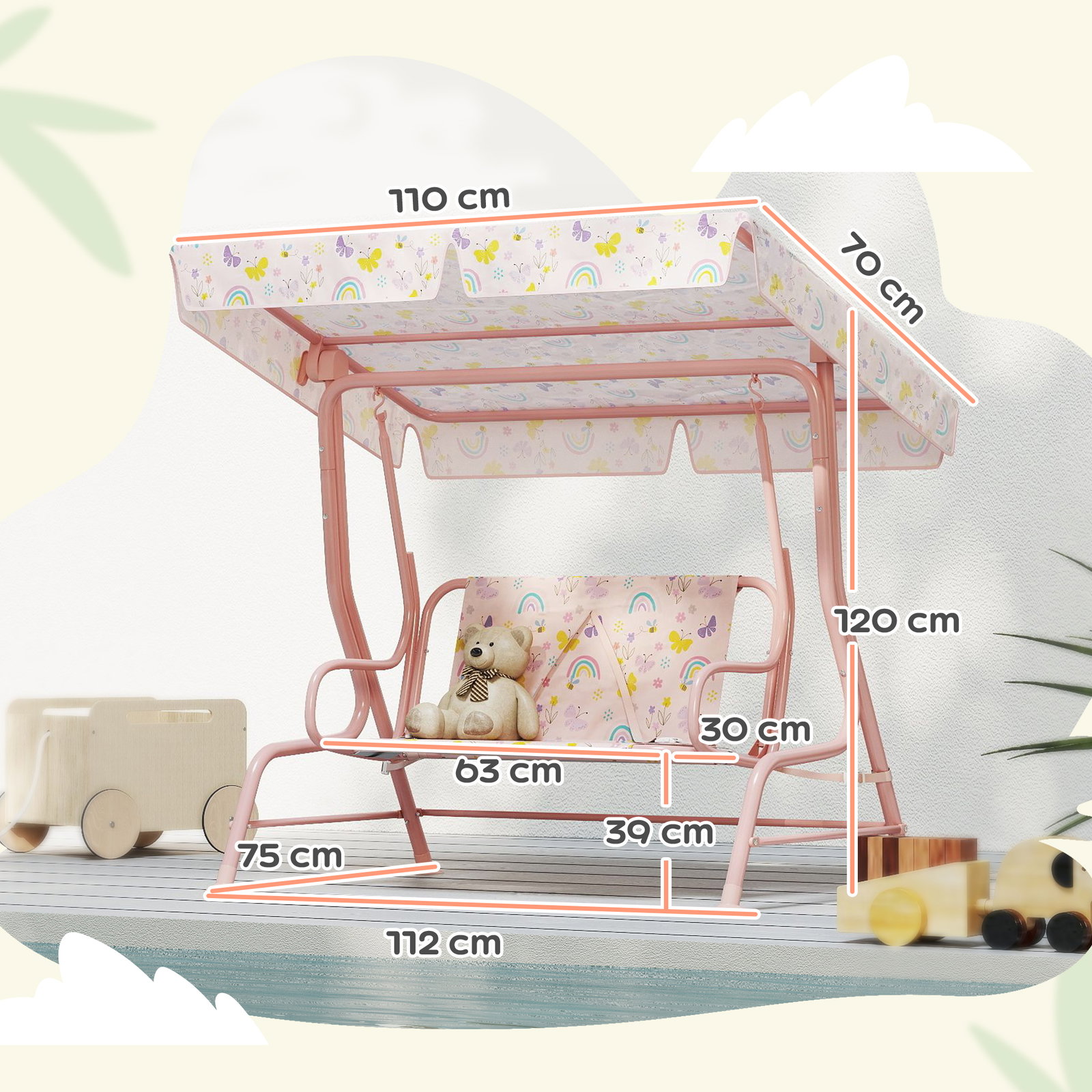 Baloiço de jardim para crianças com 2 lugares toldo ajustável cinto de segurança e desenho de borboletas 112x75x120 cm rosa